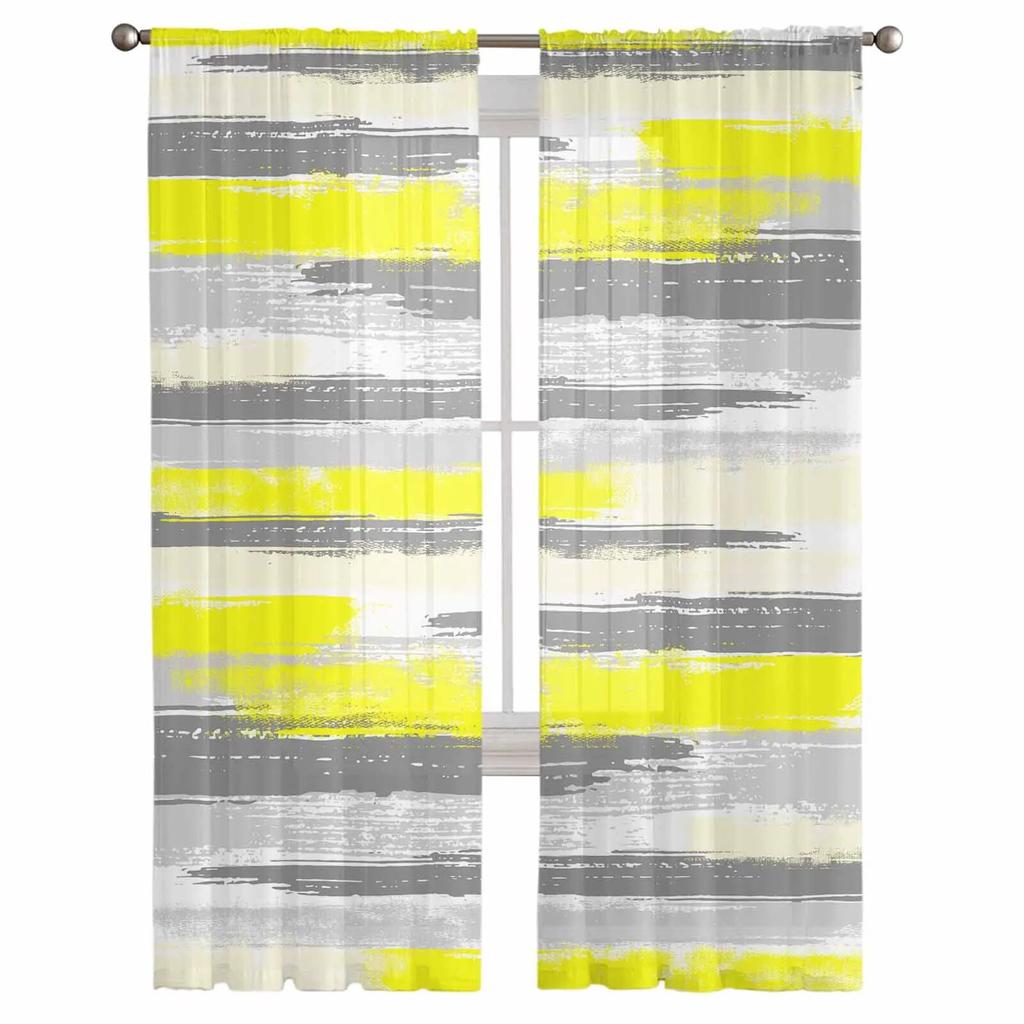 Geometric Line Paint Yellow Tulle Curtains For Living Room Sheer Curtain For Bedroom Kitchen Blinds Voile Curtains