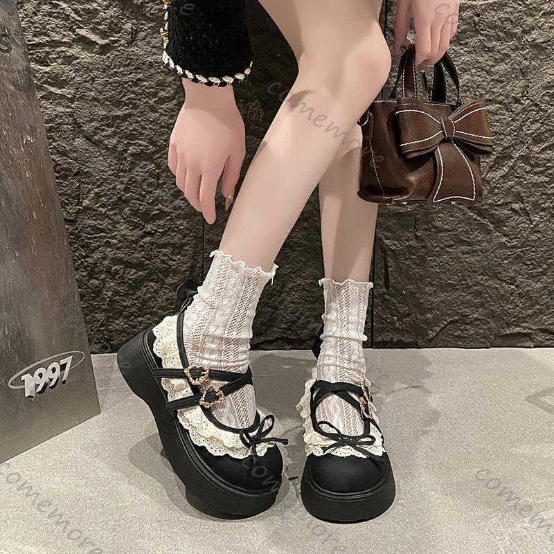 Fashion Comemore Brown Retro Thick Bottom Loafers New Spring and Autumn Round Toe Shallow Bow Lace Mary Jane Shoes Casual Platform Pumps