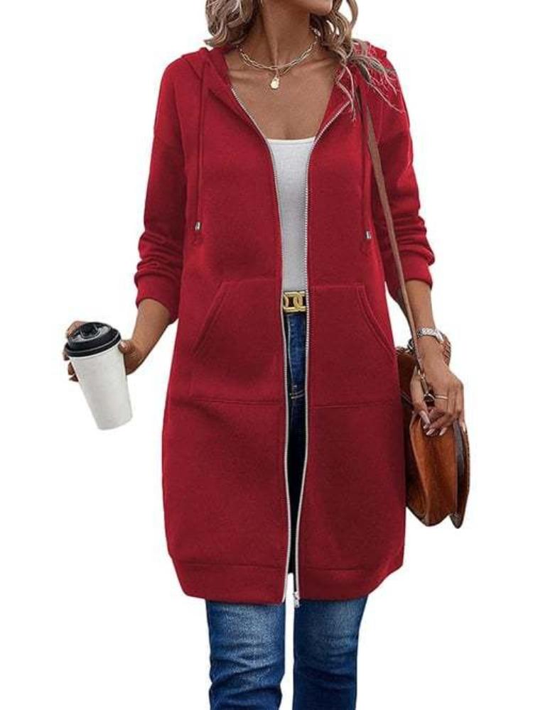 Women's Hooded Long Zip-Up Coat In 15 Colors