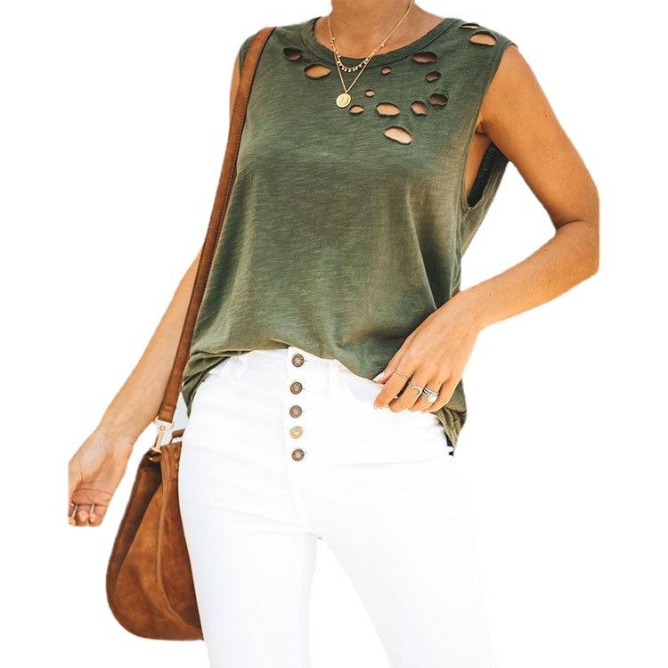 Женская повседневная однотонная рваная майка без рукавов, футболка женская