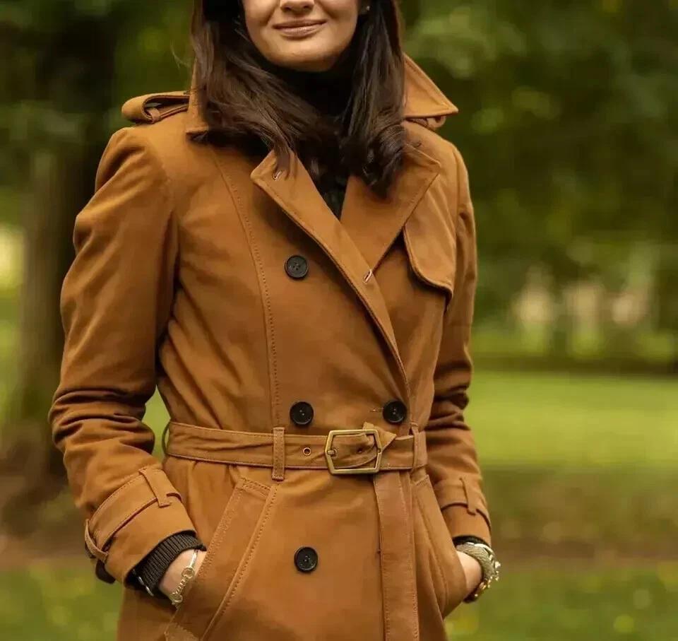 Натуральная овчина Ручная работа Длинное вечернее Стильное женское Коричневое Тренч Замшевая кожа