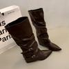 Винтажные плиссированные женские ботфорты до колена, модные, с острым носком, современные длинные ботильоны, осенне-зимние, на квадратном каблуке, женская обувь