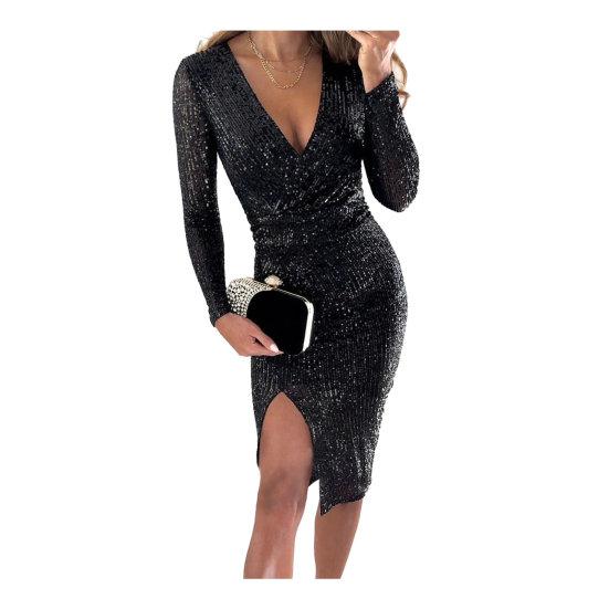Женское платье с блестящими пайетками и глубоким V-образным вырезом, облегающее платье с разрезом подол и длинным рукавом, облегающее платье миди с высокой талией и длиной до середины икры для выпускного вечера