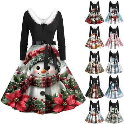 Рождественский принт расклешенное платье для женщин платье с длинным рукавом полые вечерние повседневные платья