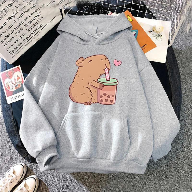 Ladies Spring Autumn Casual Hooded Long Sleeve Big Pocket Capybara Printed Pullover Hoodies Sweatshirt Top