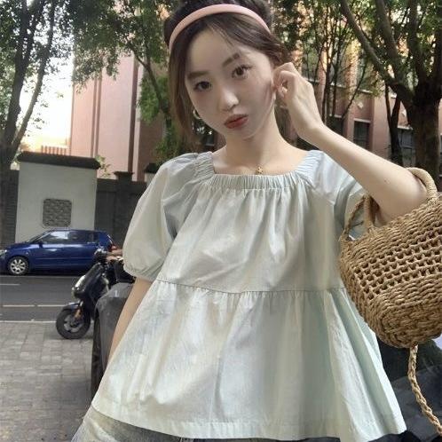 French sweet square neck doll shirt top women's spring summer new small short-sleeved shirt chic shirt top