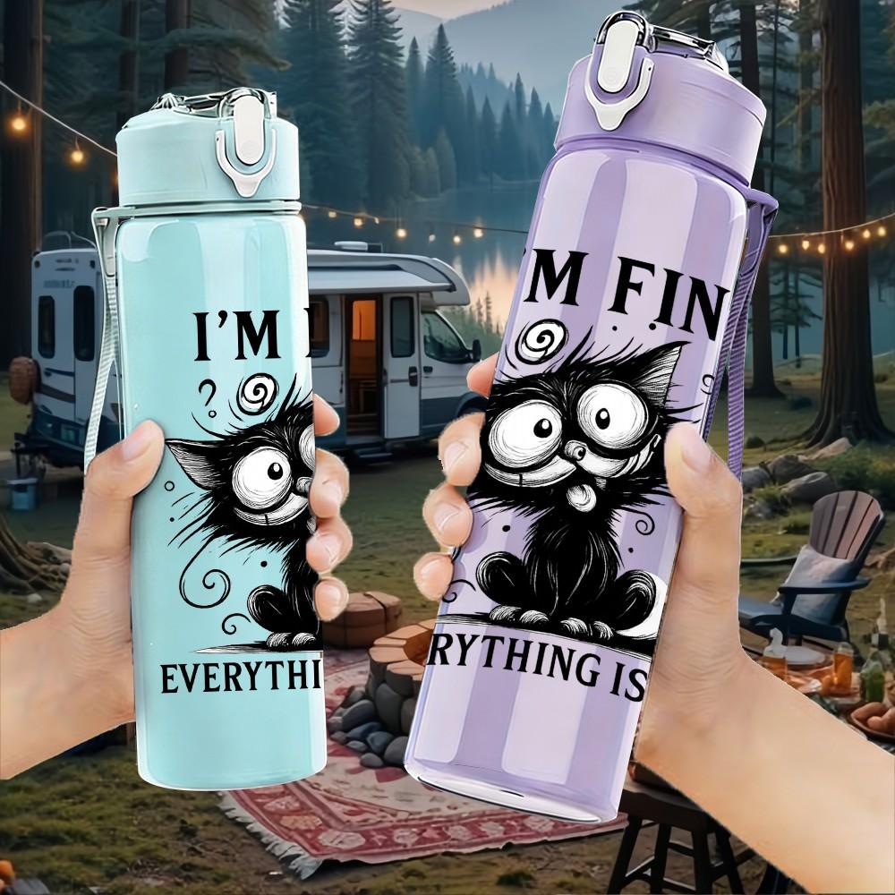 1PC I'm Fine Black Cat Letter 750ml Color Plastic Sports Water Bottle Leakproof Flip Straw Lid Suitable for Sports Office Home Use