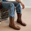 Fashion Vintage Embroidery Women Western Cowgirl Boots Fashion Elegant Slip On Shoes Square Heels Ladies Knight Mid Calf Booties