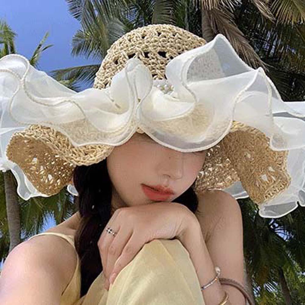 Breathable Straw Weaving Beach Hat Portable Big Brimmed Woven Cap Khaki Lace Pearls Sun Cap  Summer