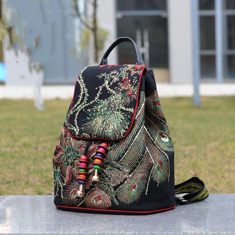 Peacock Sequins Embroidered Women's Canvas Backpacks Ladies Floral Rucksacks Woman Small School Back Bag Bagpack 2025 Gift New