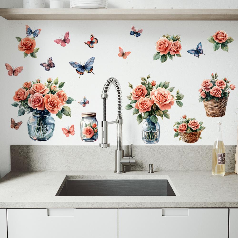 Painted Rose Vase Butterfly Bedroom Living Room Wardrobe Home Background Beautification Decoration Stickers