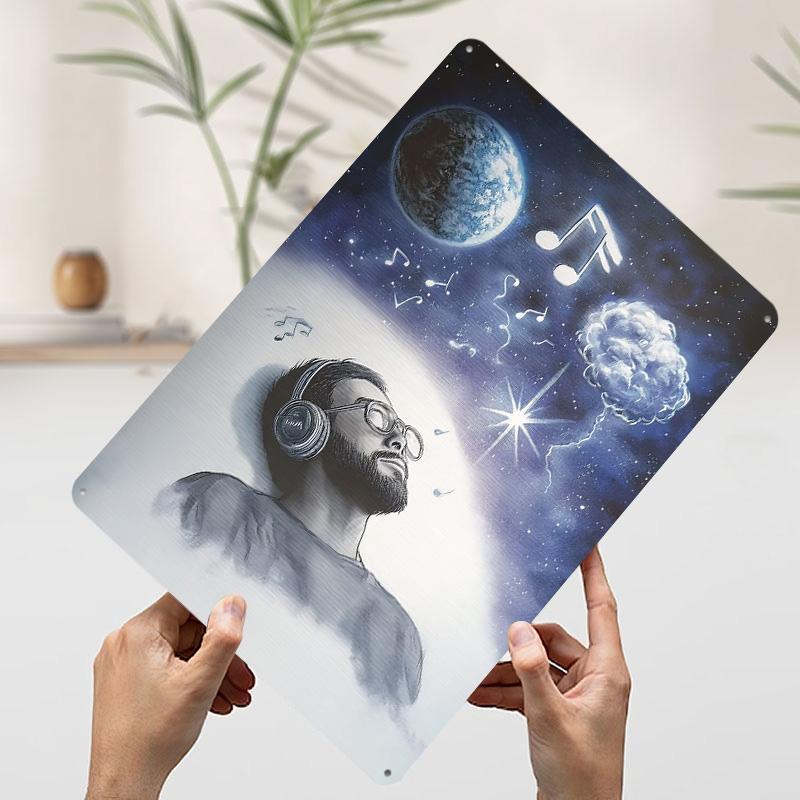 Man Listening to Music in Space Metal Poster Customized Wall Art Retro Vintage Tinplate Signs for Decoration Bedroom Decorations