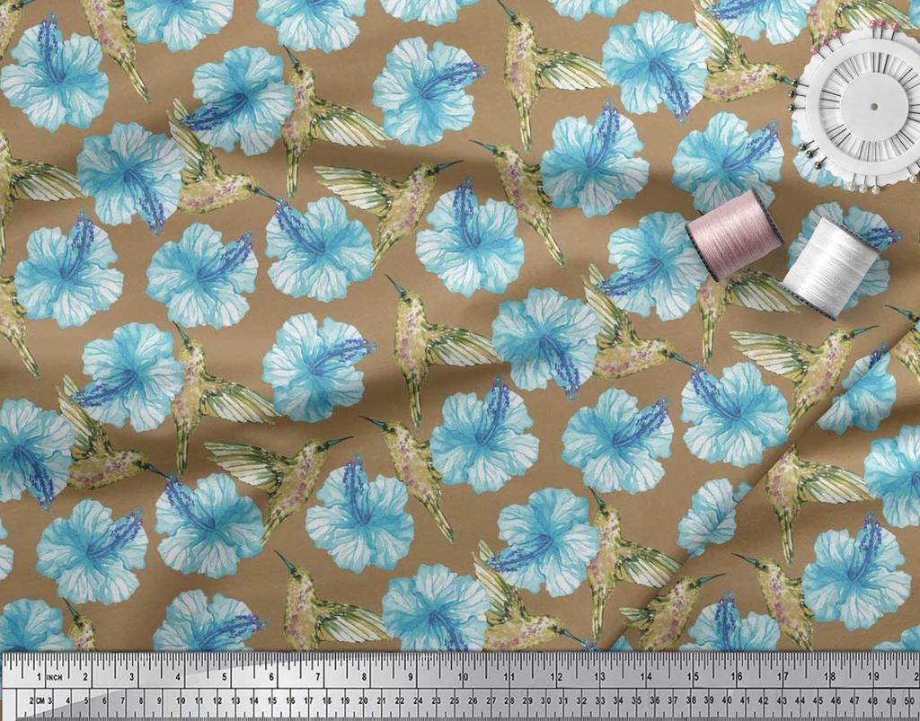 Soimoi Черная полиэстеровая креповая ткань с принтом колибри и цветов, ярд 42 дюйма