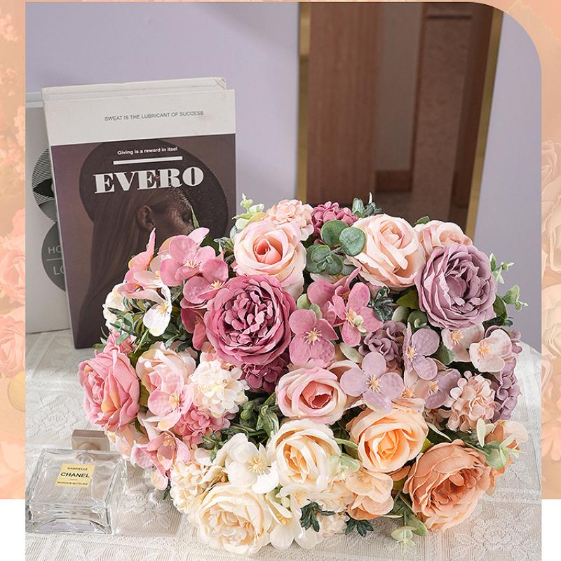 7 Heads Artificial Flowers Silk Peony Rose Hydrangea Bouquet Home Decorations Party Wedding Bride Fake Plants