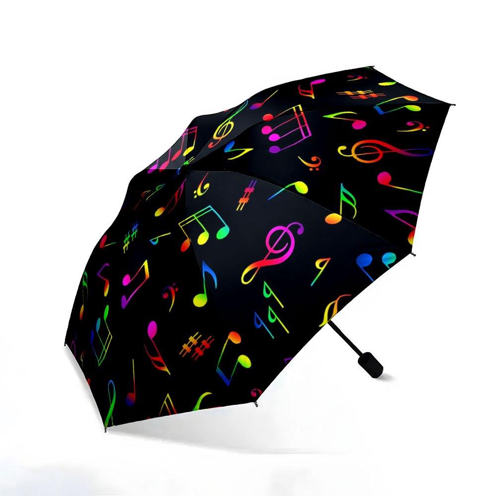 Folding umbrella Colorful musical notes pattern, black background. Creative portable folding umbrella Christmas and other holi