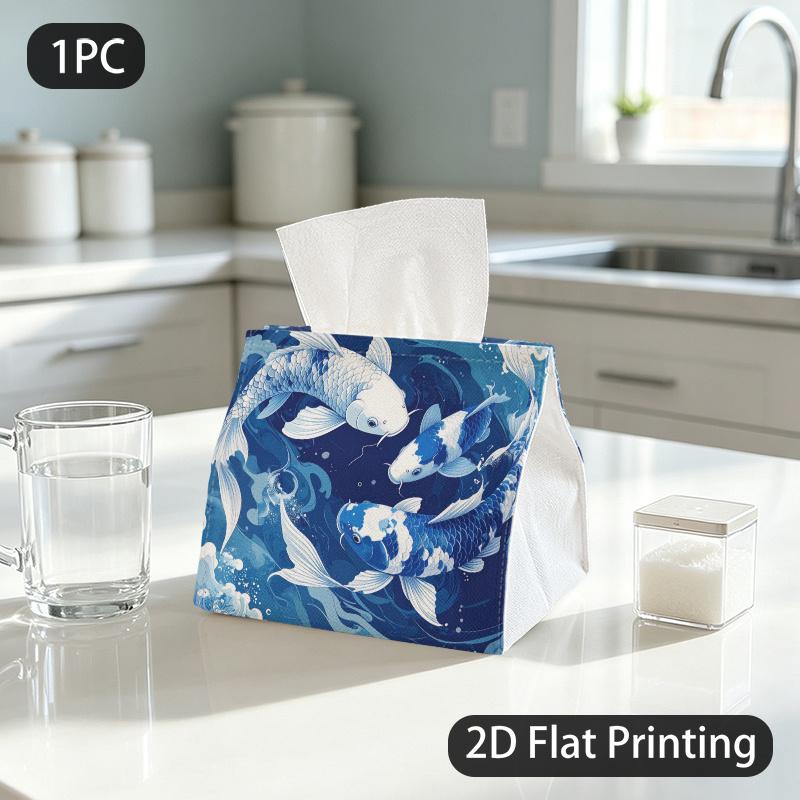 1pc Tissue Box, Japanese Koi Fish Serene Harmony Pattern, 2D Flat Printing, Made from Tough Polyester, Strong And Firm, Tissue Dispenser, for Desk Use