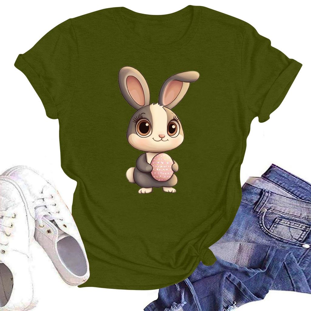 Happy Easter Women's Fashion Printed Round Neck Short Sleeve T-Shirt Pullover Top