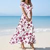 Women's Casual Fashion Print Long Dresses V-Neck Short Sleeve Dresses