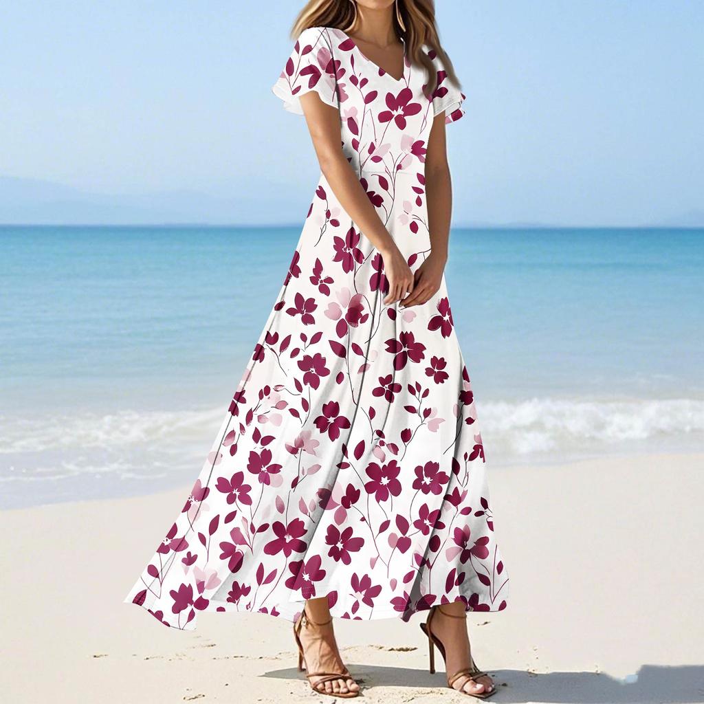 Women's Casual Fashion Print Long Dresses V-Neck Short Sleeve Dresses