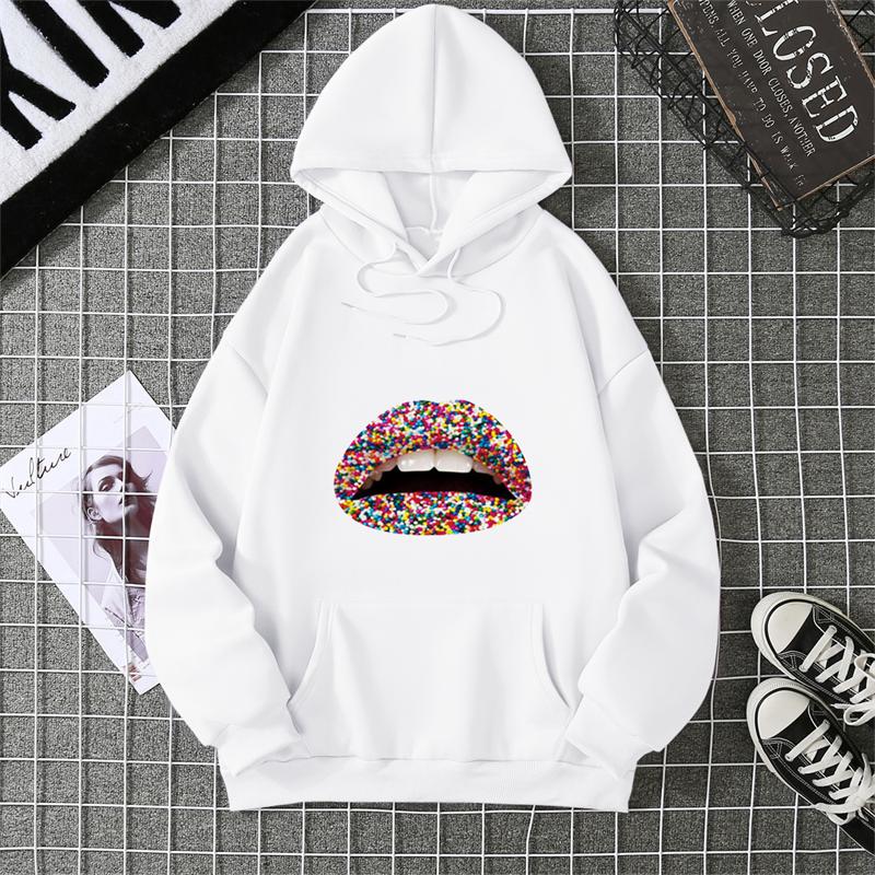 Fashion Lips Print Women Hooded Sweatshirt Casual Long Sleeve O Neck Loose Women Ladies Hooded Tops Clothes