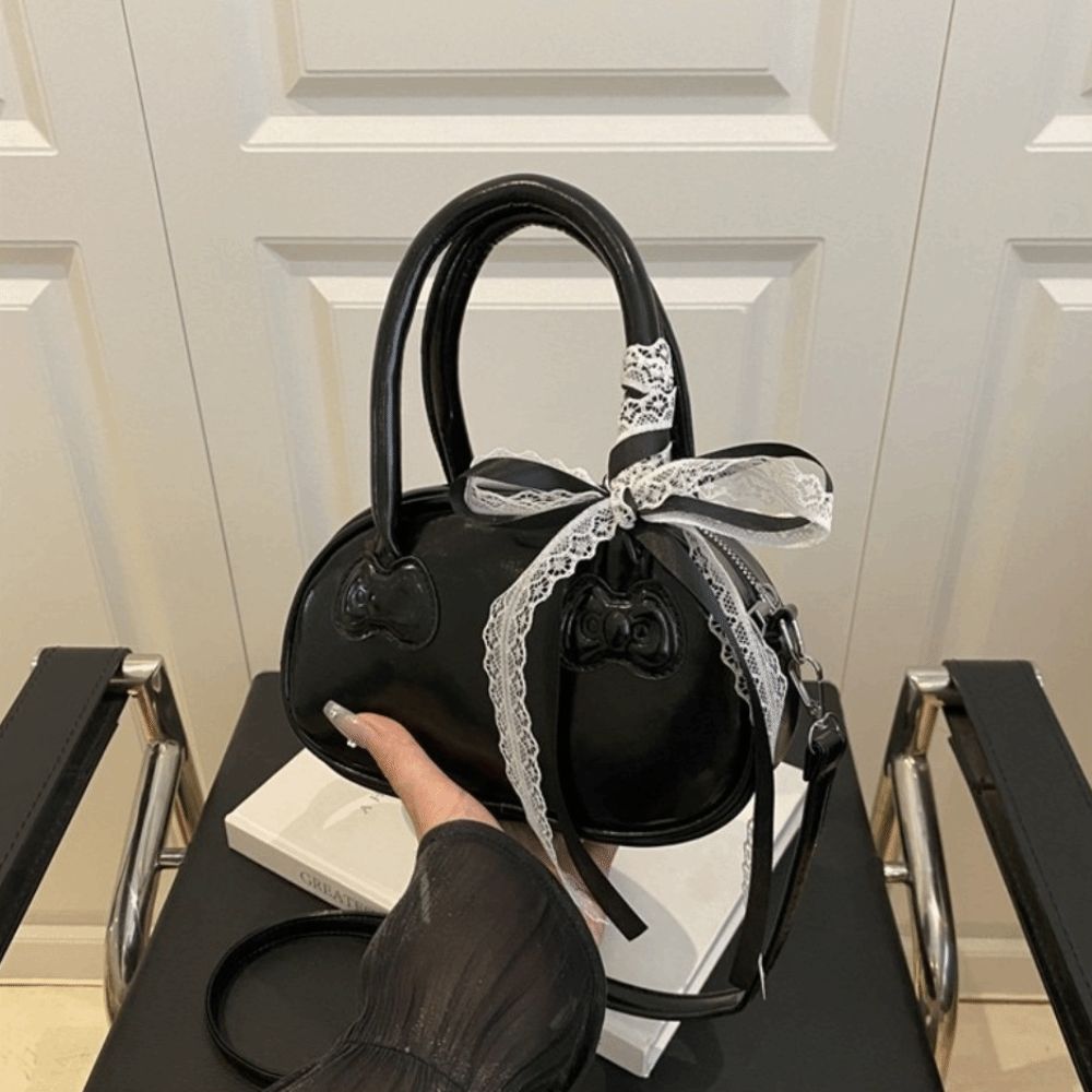 Pu Leather Bow Crossbody Bag Y2k Commute Handbag Trendy Lace Ribbons Boston Bag Female