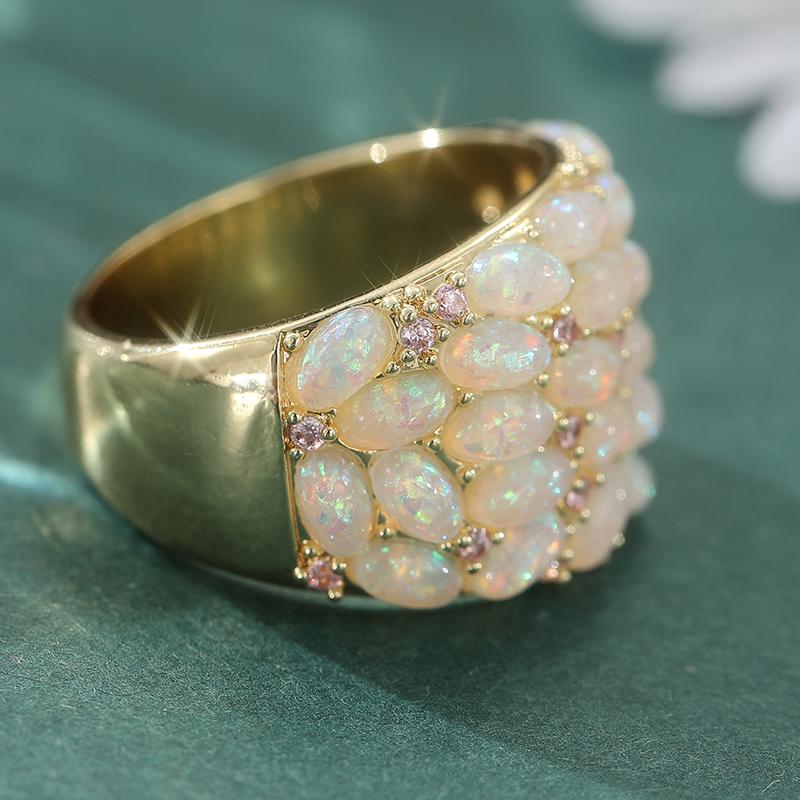 Aesthetic Inlaid Imitation Opal Stone CZ Women's Ring Trendy Gold Color Geometry Daily Wear Party Jewelry Anniversary Gift