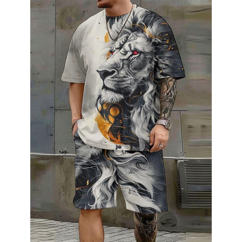 Мужской комплект с короткими рукавами и гордым и безудержным принтом льва, круглый вырез, шорты с короткими рукавами, модный и повседневный мужской комплект