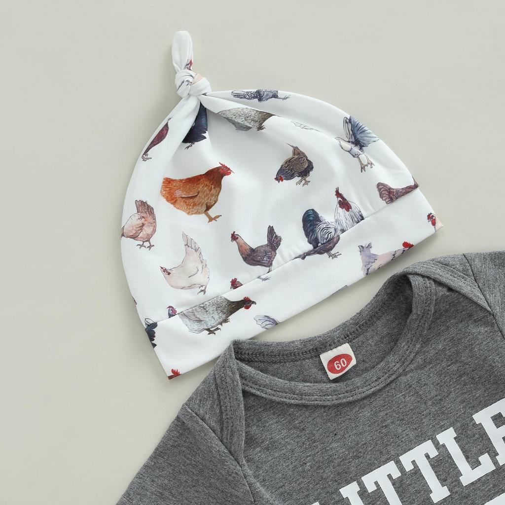 Baby Baby Boys Causal Clothes Sets 3M 6M 12M 18M 3pcs Short Sleeve Letter Print Romper + Tractor/Chicken Pants + Knot Hat Set