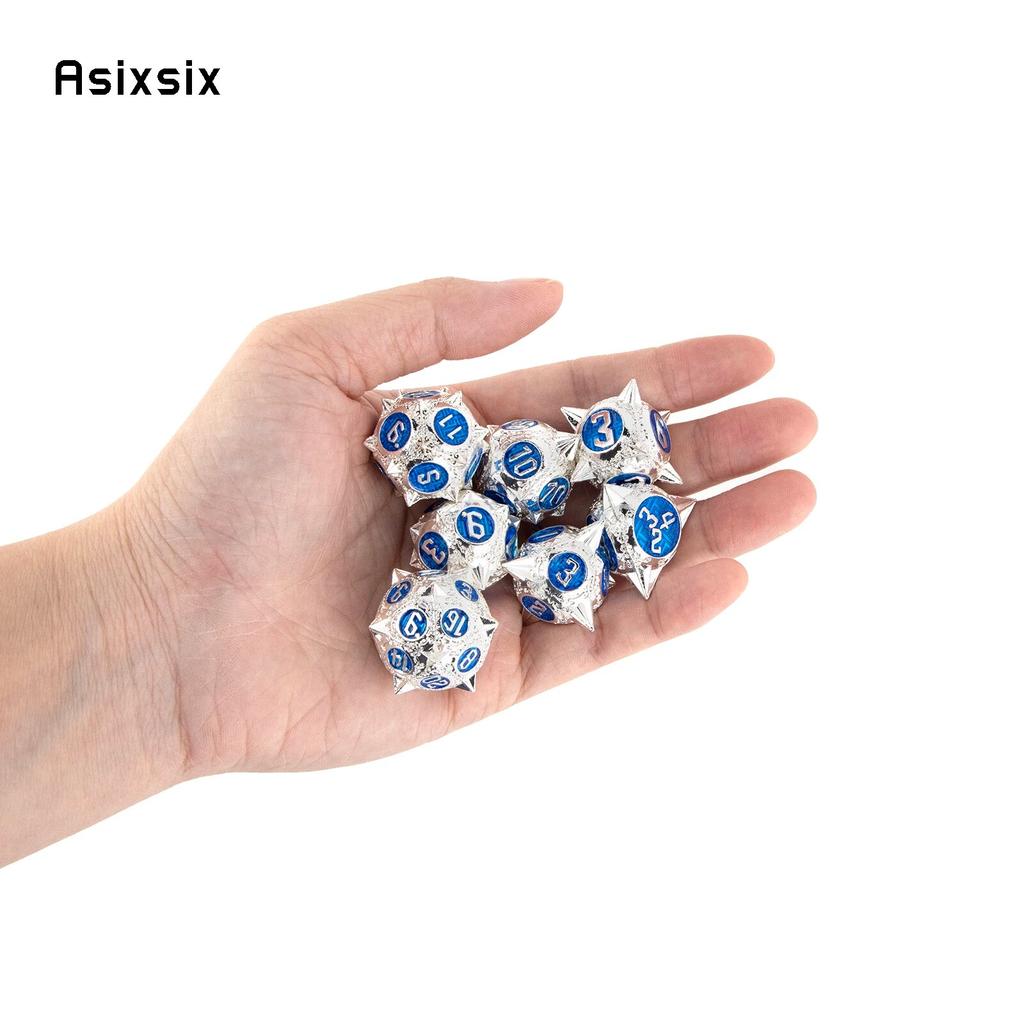 7 Pcs White Blue Meteor Hammer Metal Dice Solid Metal Polyhedral Dice Set Suitable for Role-Playing RPG Board Game Card Game