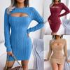 Women Dress Knitted Sweater Dress Long Sleeve Round Neck Sexy Hollow Slim Bodycon Dress