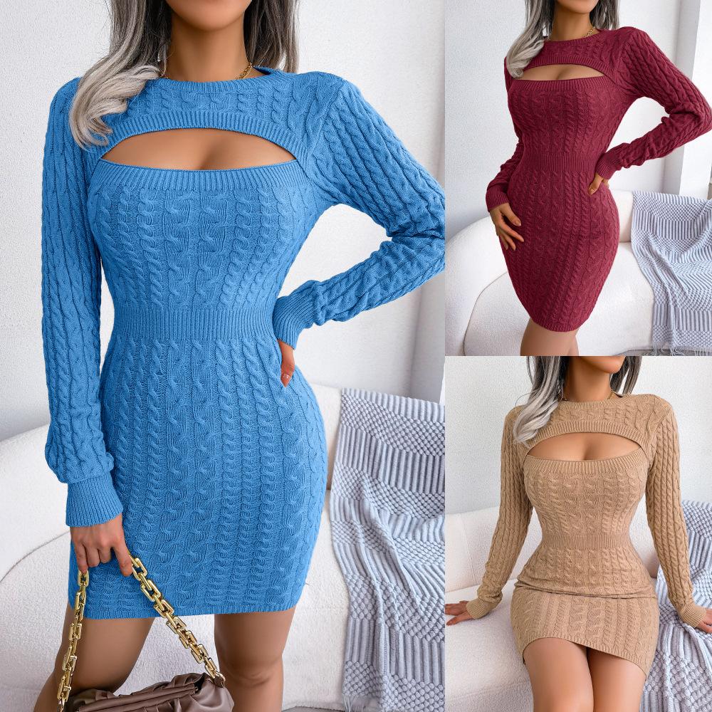 Women Dress Knitted Sweater Dress Long Sleeve Round Neck Sexy Hollow Slim Bodycon Dress