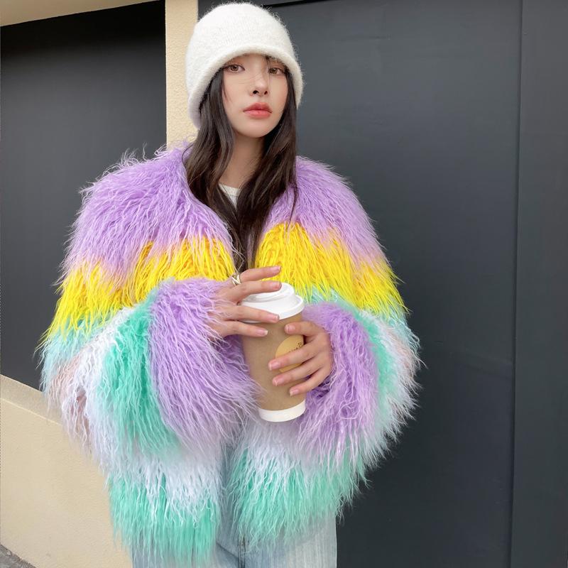 European and American fur imitation beach wool short macaron light color contrasting wool splicing coat winter lamb wool coat
