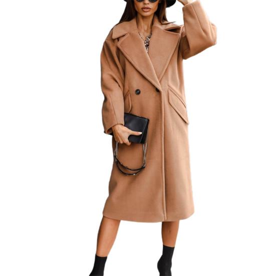 Women Oversize Coat Solid Color Double Breasted Turndown Collar Pockets Overcoat Office