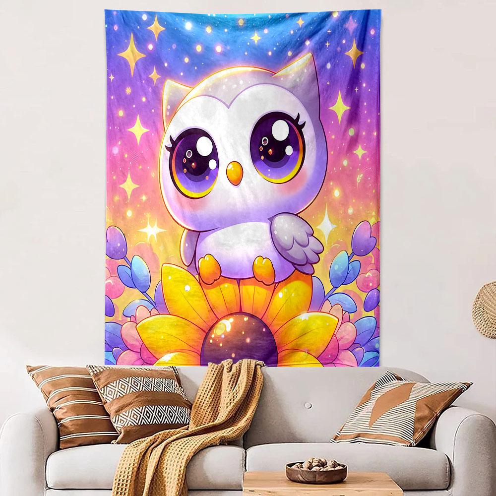 Cute Owl on Sunflower with Rainbow Glow Patterned Tapestry Decorative Wall Hanging, Home Bedroom Living Room Decor