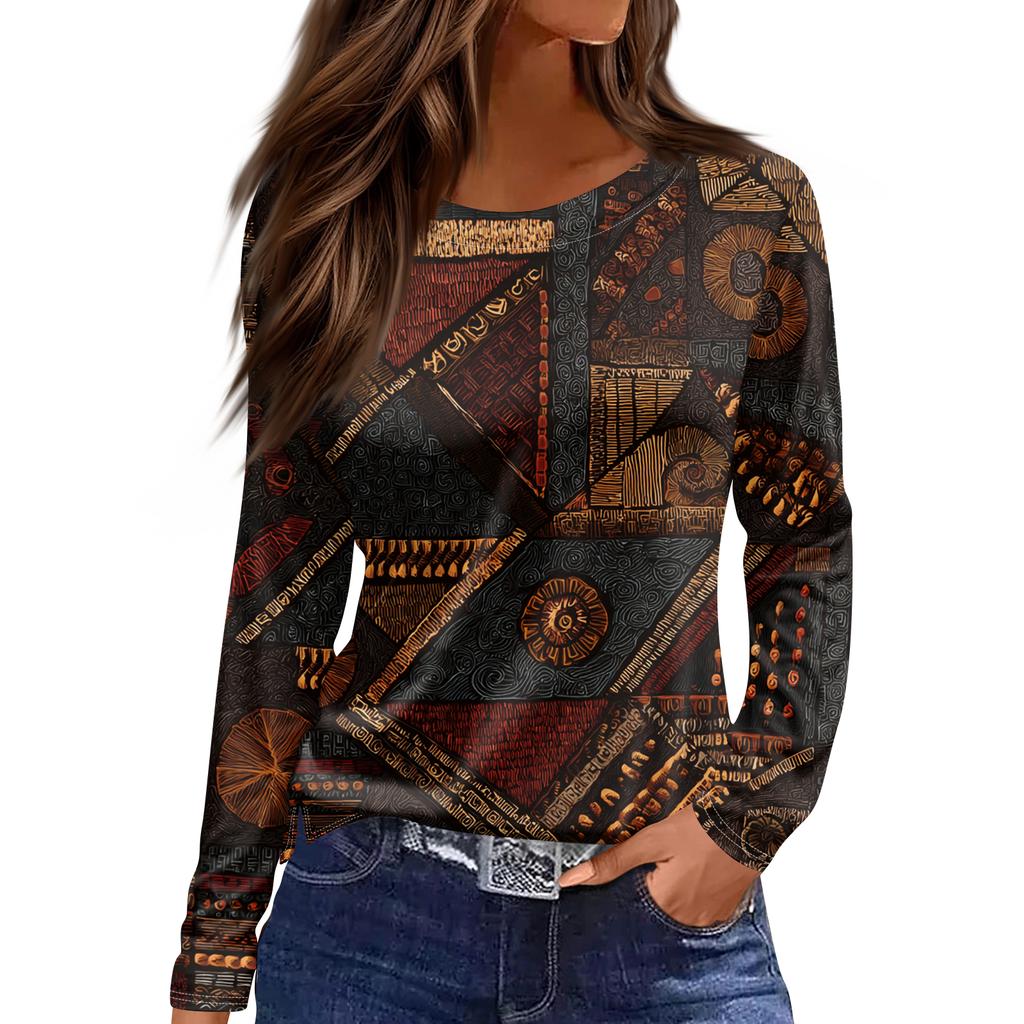 Женская модная блузка с разрезом по подолу, повседневная, в стиле ретро, с цветочным принтом, круглым вырезом и длинными рукавами