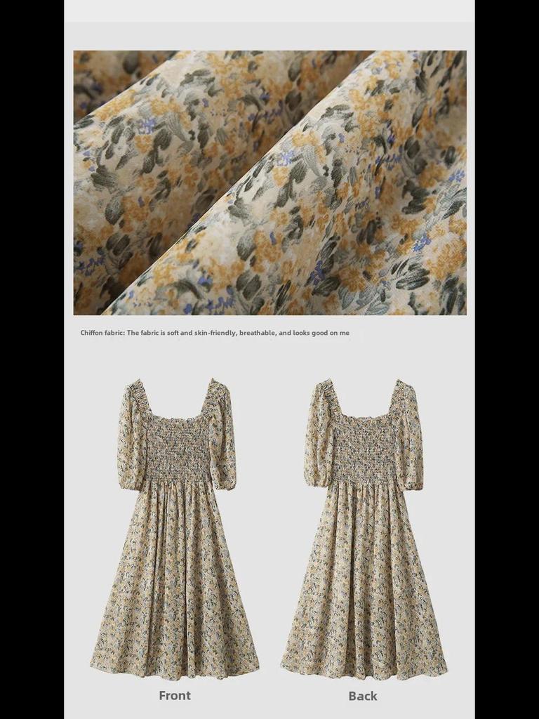 Women's Floral Chiffon Long Skirt Dress, Square Collar, Puff Sleeve, French Retro Style, 2024 Summer Collection.