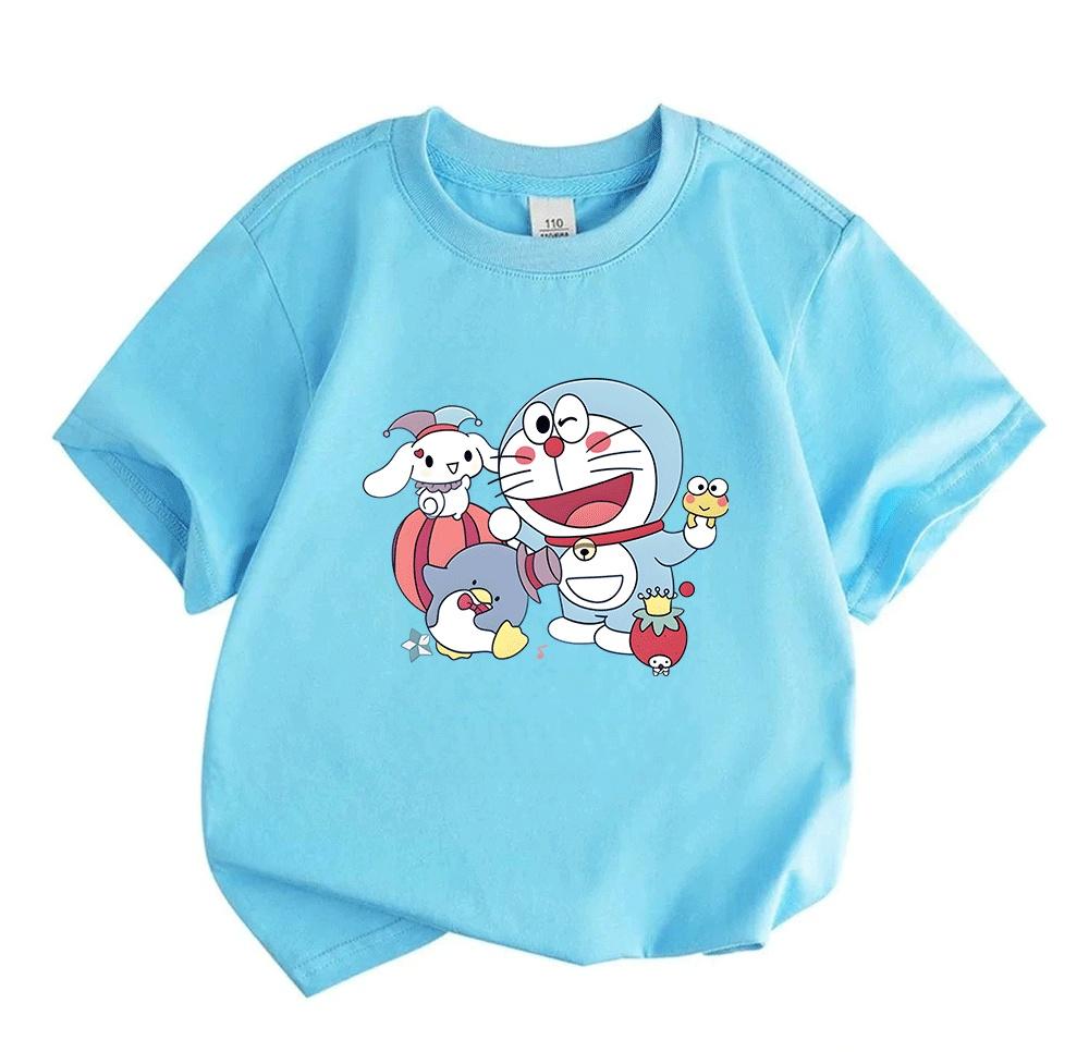 Kids Boys Girls Crew Neck Short Sleeve T-Shirt, Cute Cartoon Robot Cat With Animal Friends Print 100% Cotton Casual Tees, Soft Breathable Summer Top F