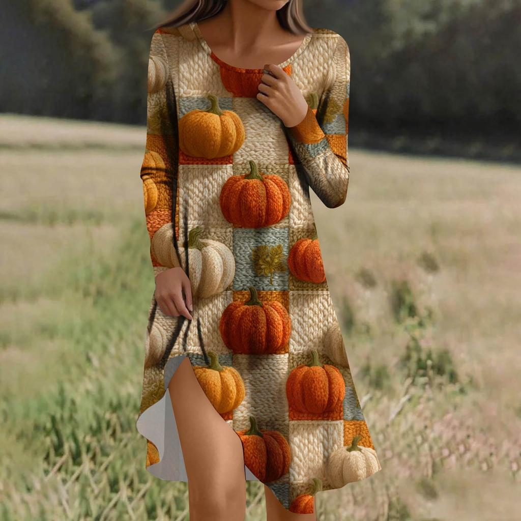 Long Sleeve Dress For Women Casual Loose Fit Print Dress With Pockets