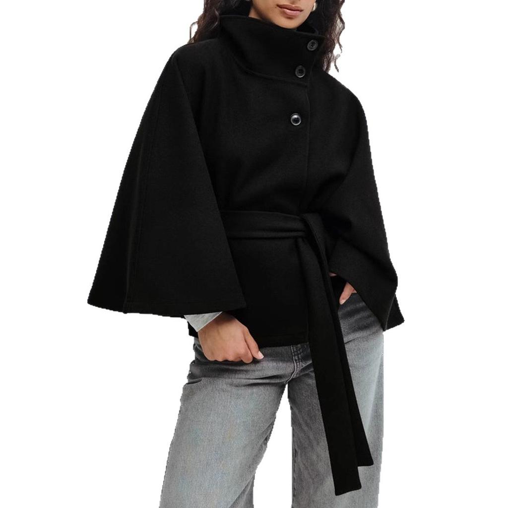 Fashion Women's Lace Up Woolen Cape Coats Loose Stand Collar Batwing Sleeve Button Black Gray Jackets Autumn Streetwear