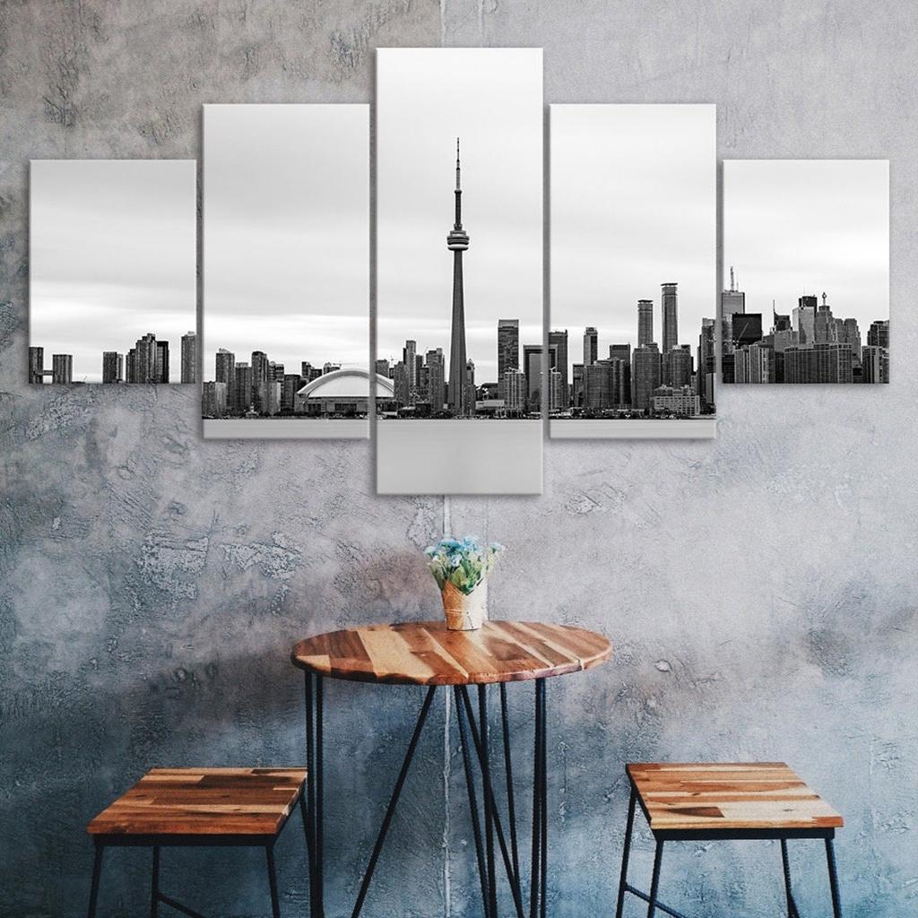 Toronto City Skyline Canada Black White Picture Scenery 5 Piece Five Panel Wall Canvas Print Modern Art Poster Home Decor Gift For Him Her