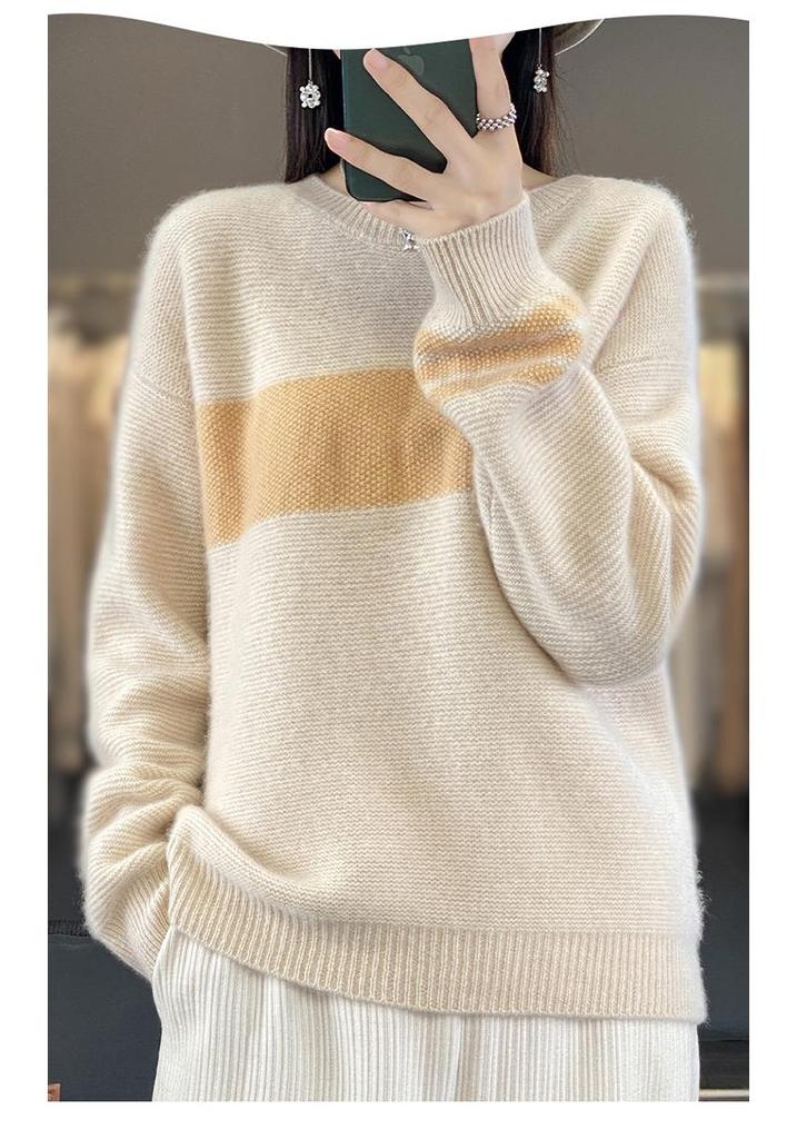 Women's Pure Wool Color Block Round Neck Sweater - Long Sleeve, Loose Fit, Autumn/Winter Knit Top
