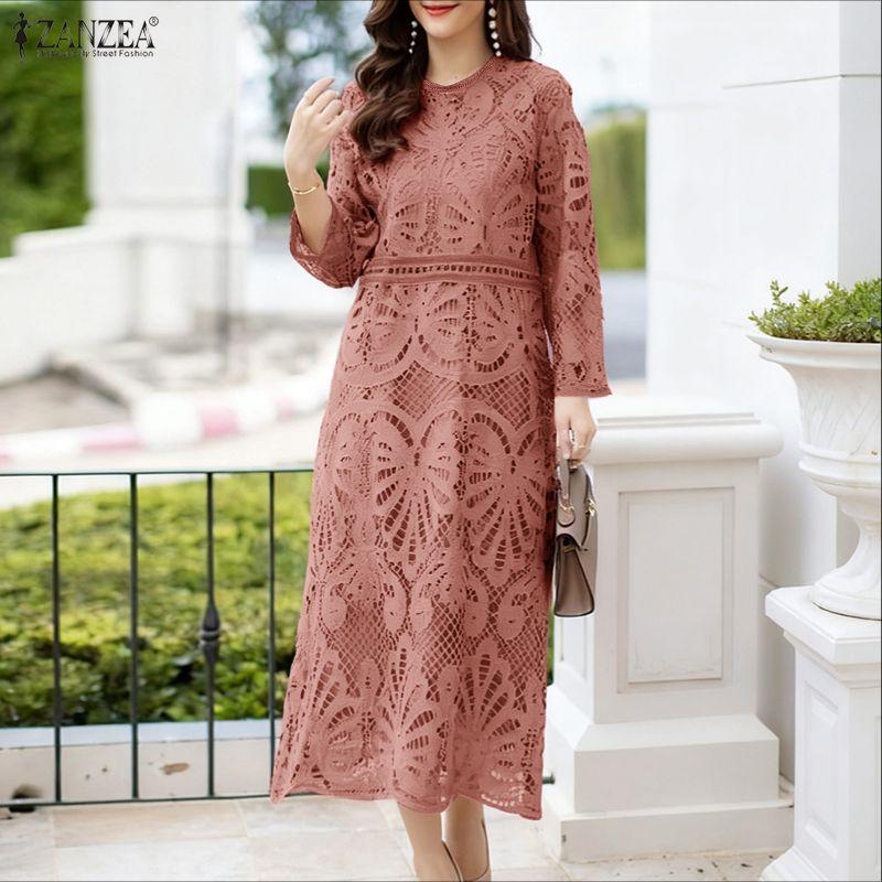 ZANZEA Women Fashion Lace Crochet Patchwork Casual Long Sleeve Dress