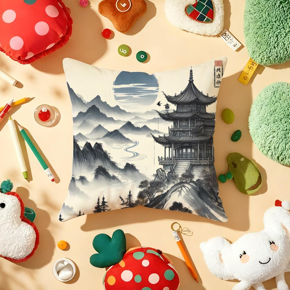 Chinese Ink Painting Style Cushion Cover Soft Short Plush DoubleSided Printing Home Decor Machine Washable Pillow Case Gift