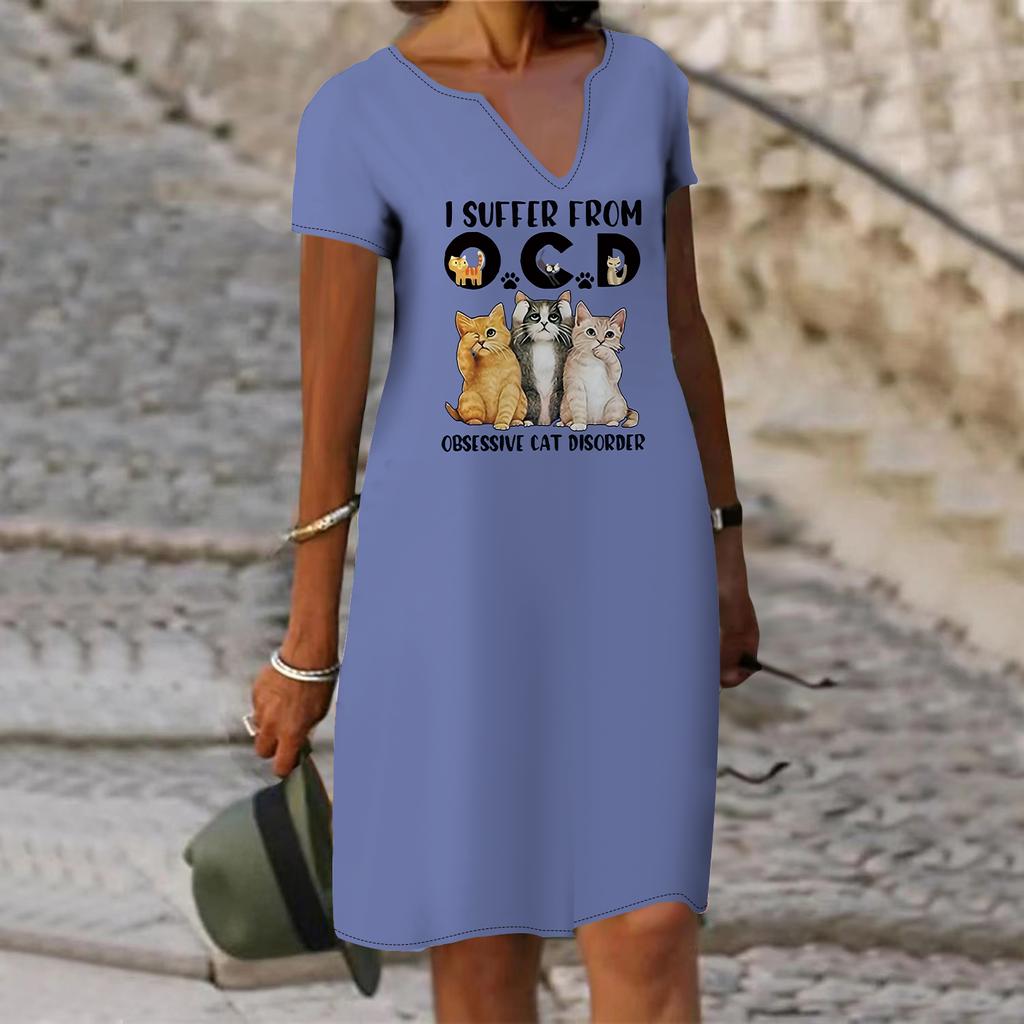 Летнее модное платье с v-образным вырезом, женское платье с короткими рукавами и принтом кошек, свободное повседневное платье для женщин