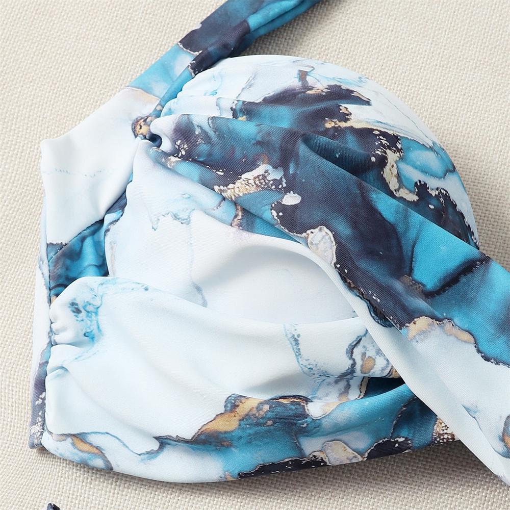 Сексуальные бикини женские летние из двух частей купальник с мраморным принтом женский пуш-ап Холтер с рюшами и запахом спереди купальный костюм с высокой талией