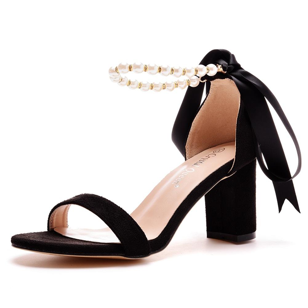 7 см толстый каблук неглубокий носок замшевые босоножки одной длины с круглым носком квадратные босоножки с бусинами летние босоножки для женщин