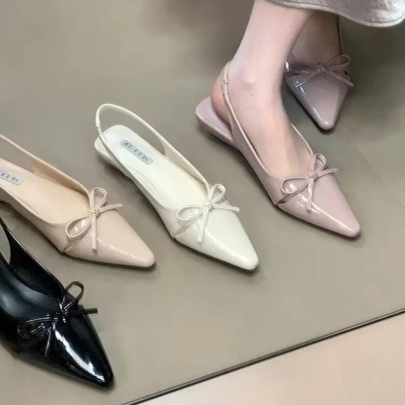 Универсальные женские сандалии с противоскользящим тонким каблуком, закрытым носком, эластичной лентой и бантом, летние уличные модные сандалии из ПУ черного/белого цвета 2025