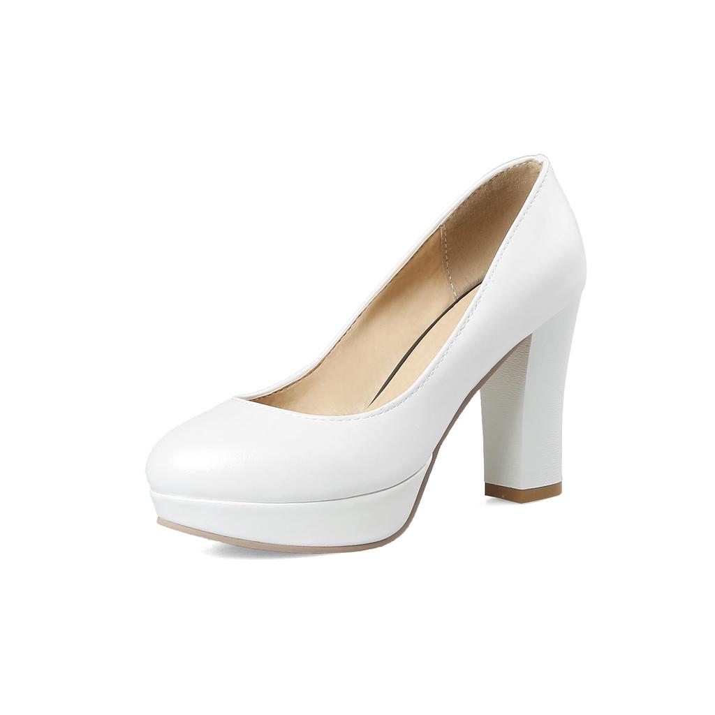 Q/Women's High Heeled Single Shoes with Simple Temperament, Solid Color Waterproof Platform, Shallow Mouth, Thick Heel, Large Size, Low Top Shoes