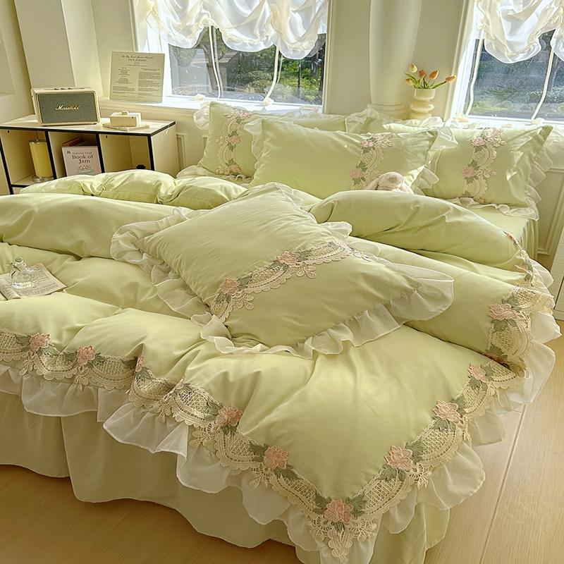 Korean Princess Style Flowers Lace Ruffles Duvet Covers Bed Skirt/Fitted Sheet Pillowcase Bedding For Girls Luxury Home Textiles