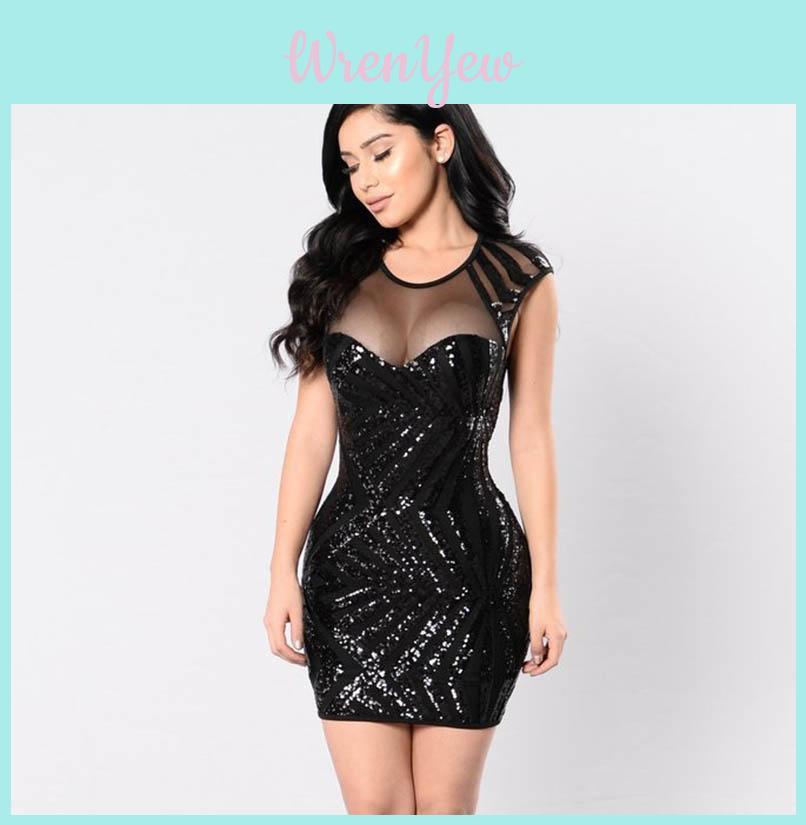 Womens Mesh Sequins Bandage Bodycon Dress Party Cocktail Dress Club Mini Dress